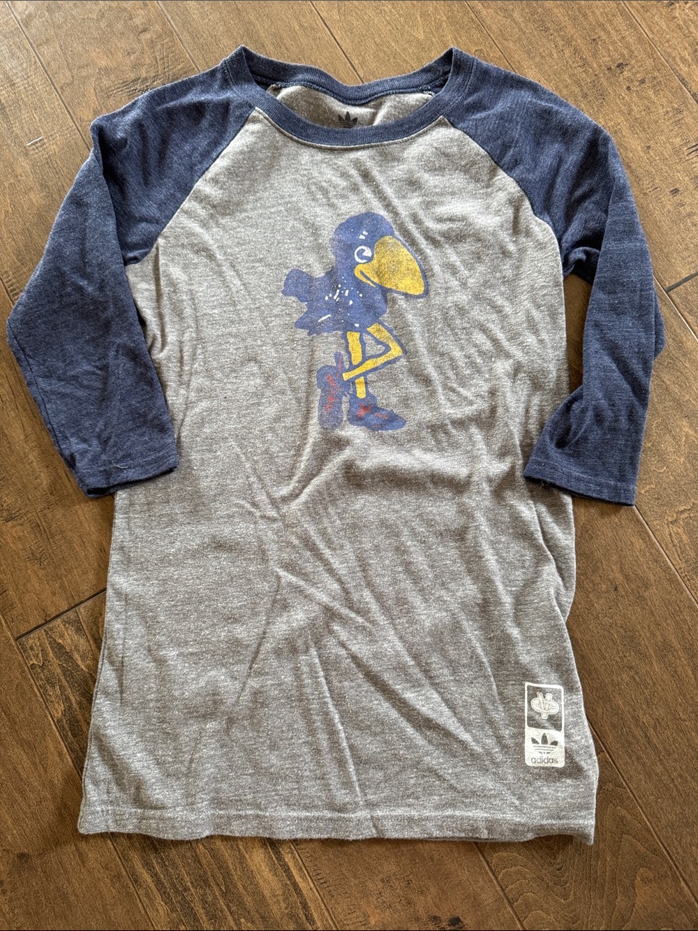 adidas Grey Heather & Navy Raglan Tee with Vintage Jayhawk Graphic
